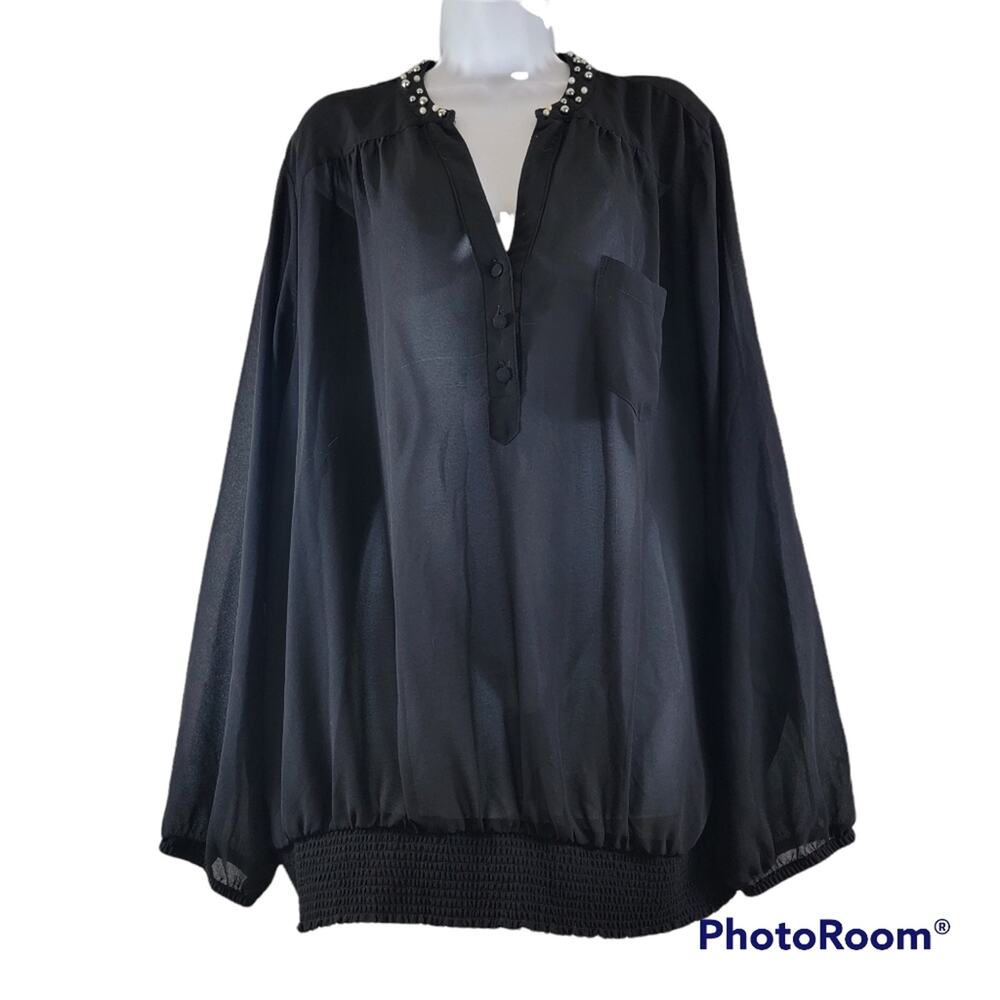 Torrid Black Pearl Studded Collar V-Neck Pocket Sheer Long Sleeve Blouse Sz 3/3x